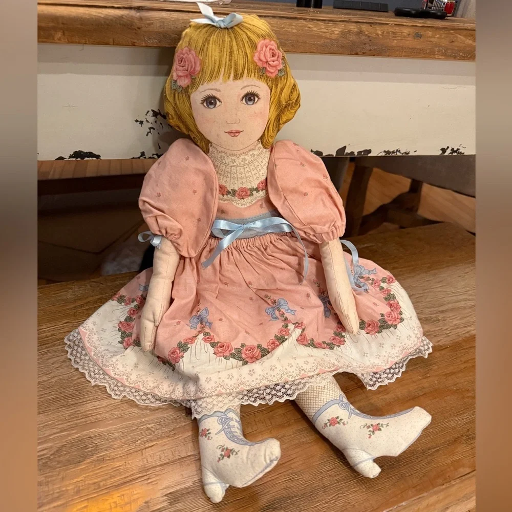 VTG Cut & Sew Floral Pink Cloth Doll with Blonde Hair Cottagecore Prariie